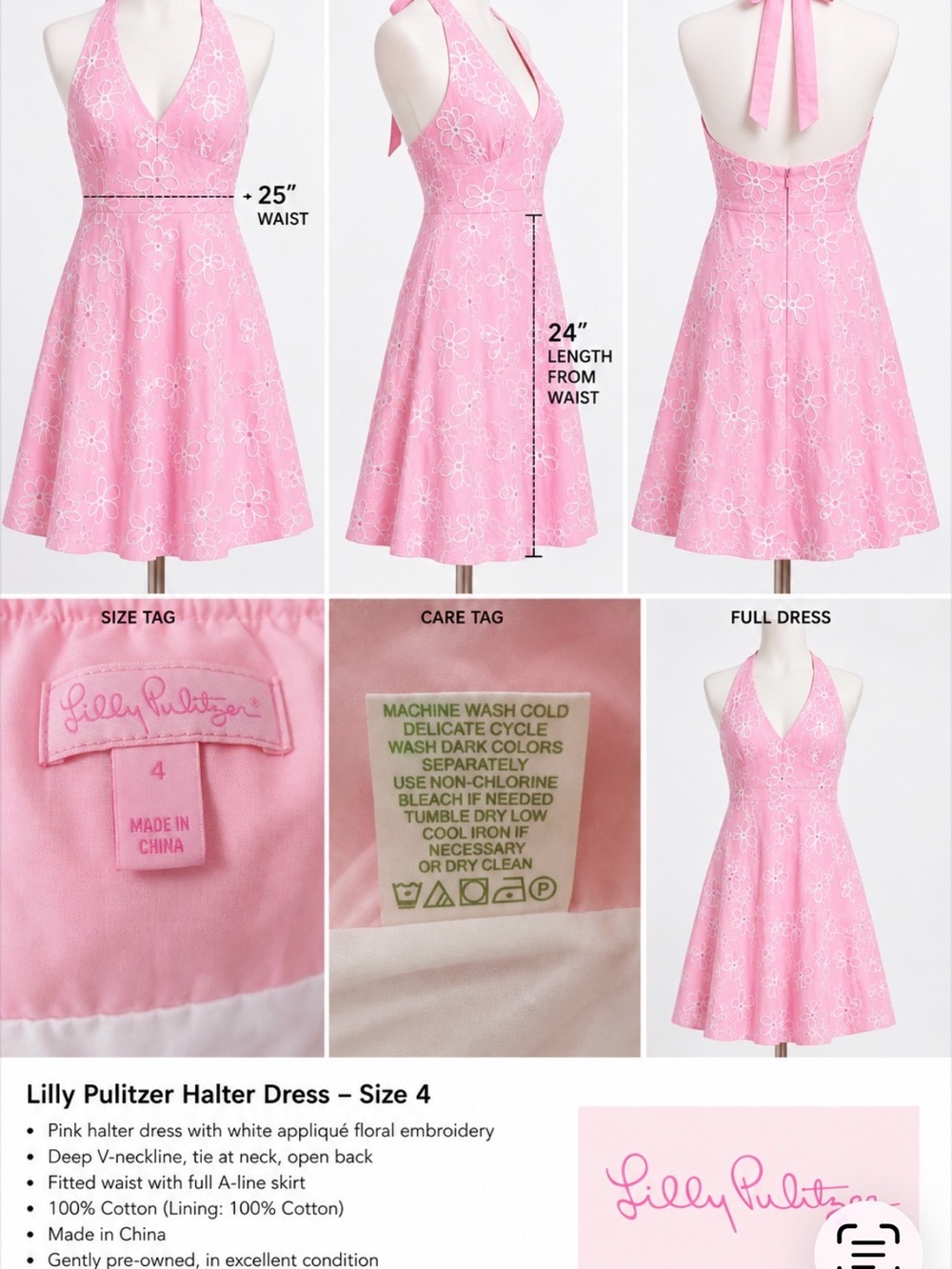 Lilly Pulitzer Pink Halter A-Line Dress with White Floral Embroidery